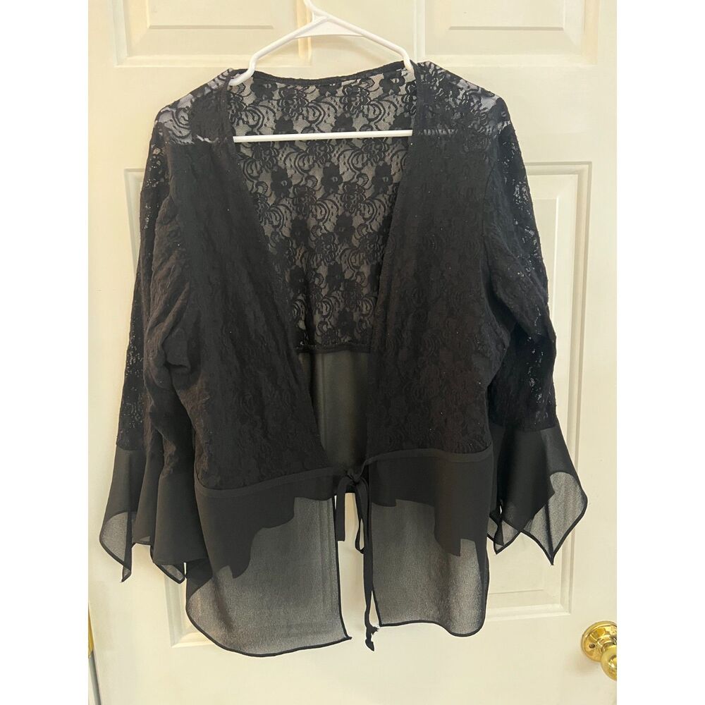 Black Floral Sheer Chiffon Tie Front Cardigan Lace Whimsigoth Witchy M/L